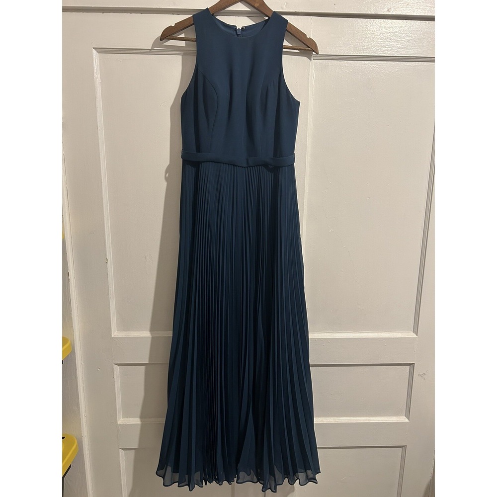 Azazie Bridesmaid Formal Dress Full Length Pleated Navy Blue Size C Sleeveless